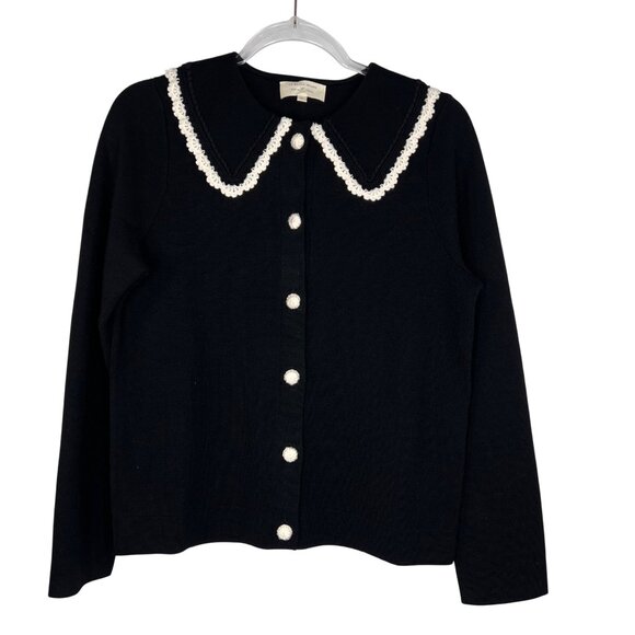 Sezane Black Cardigan with White Accents Ruffled Collar - Picture 4 of 12